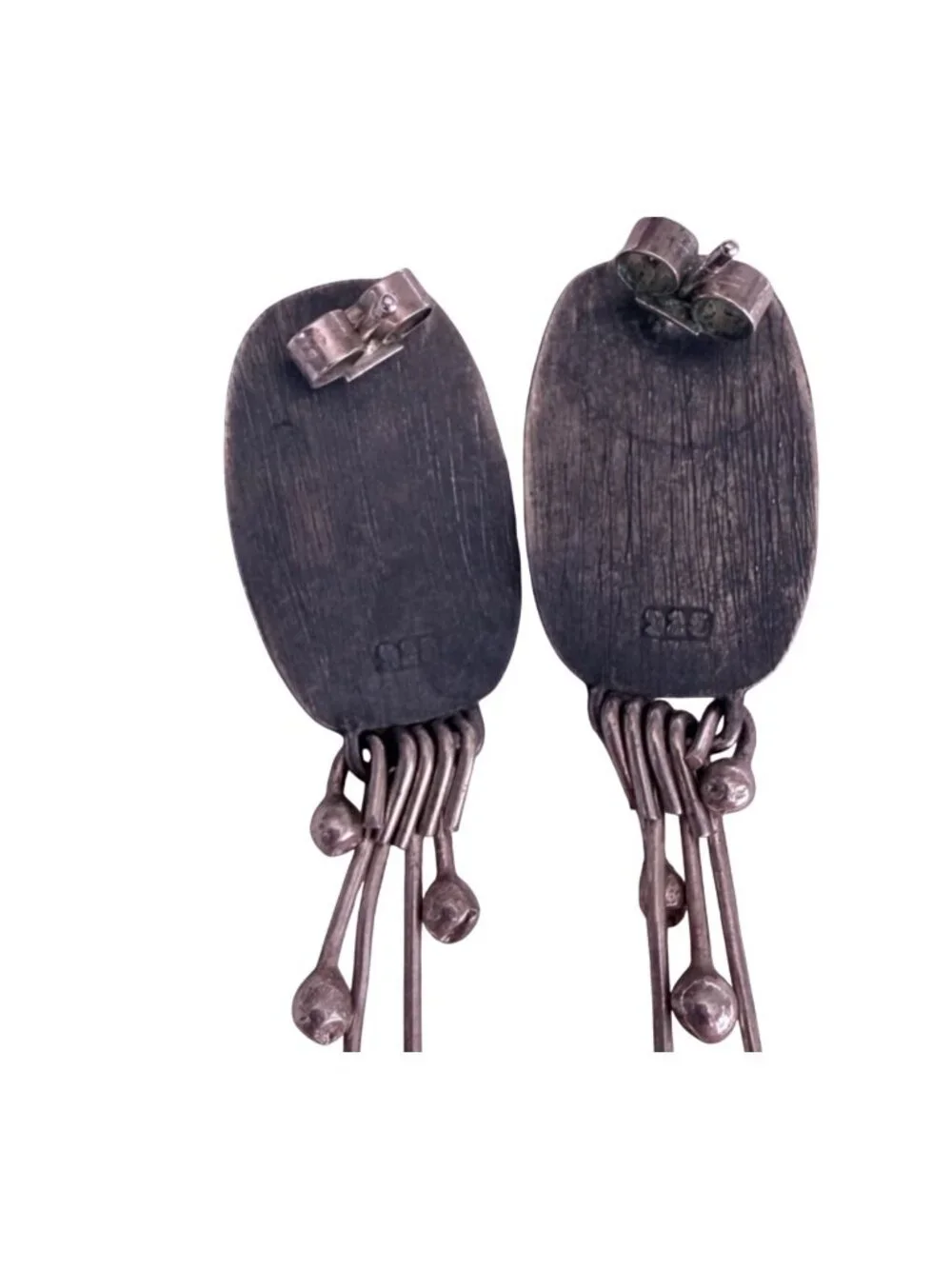Handcrafted Oxidized Silver Dangle Earrings Red Stone Accent Modern Abstract